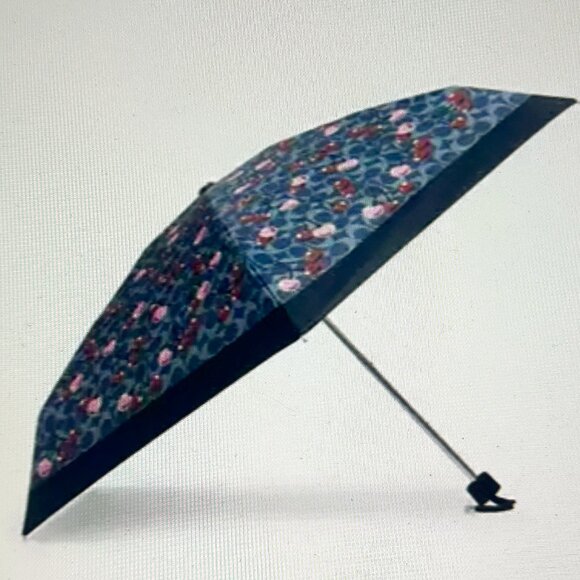 COACH MINI UMBRELLA UV PROTECTION SIGNATURE CHERRY PRINT:NWT DENIM/MULTI CZ929 - Picture 1 of 9
